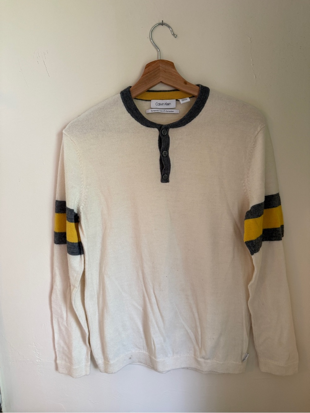 Calvin Klein Cream Long-Sleeve Henley with Charcoal Trim and Yellow Stripes